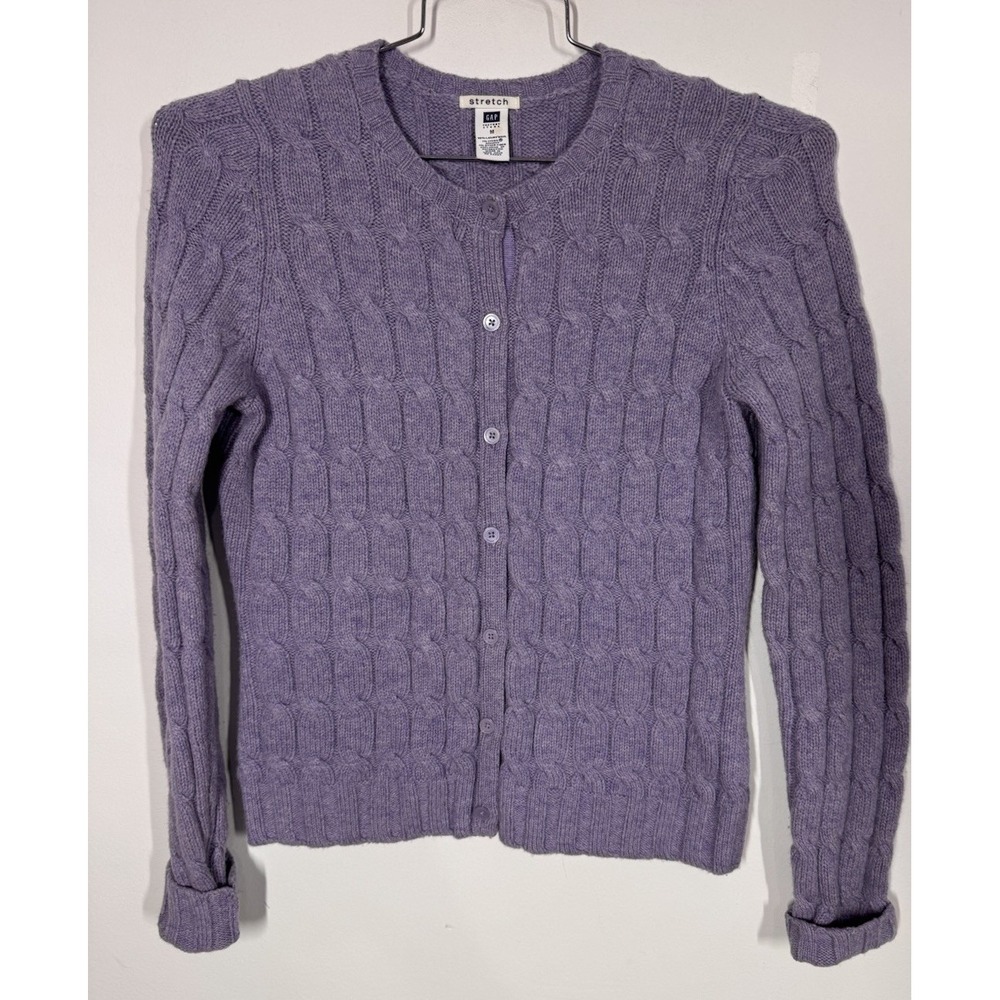 VTG Gap Lavender Lambswool Stretch Cable Knit Cardigan Sweater Women's M Grandma